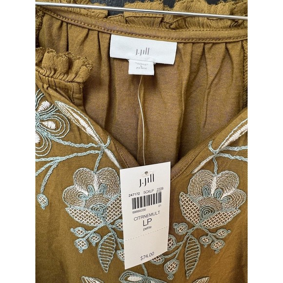 NWT J. Jill Top Women's LP Mustard Embroidered Floral Short Sleeve - Picture 4 of 5